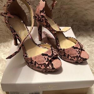 Jessica Simpson brand, pink snake print, platform, ankle-strap heel.  Size 6.